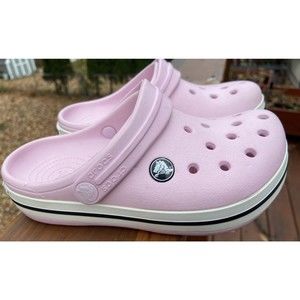 Crocs Crocband Pink w/ Navy Stripe Girls Slides Shoes J1 NICE